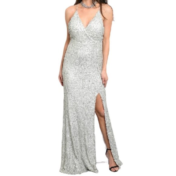 Spy Zone Exchange Sequin Surplice High Leg Slit Gown Silver Size Medium NWT - Picture 1 of 2
